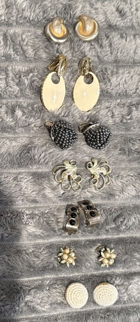 Vintage Lot of 7 Pair Silver Tone Gold Rhinestone Clip-On Earrings 1940s-80s